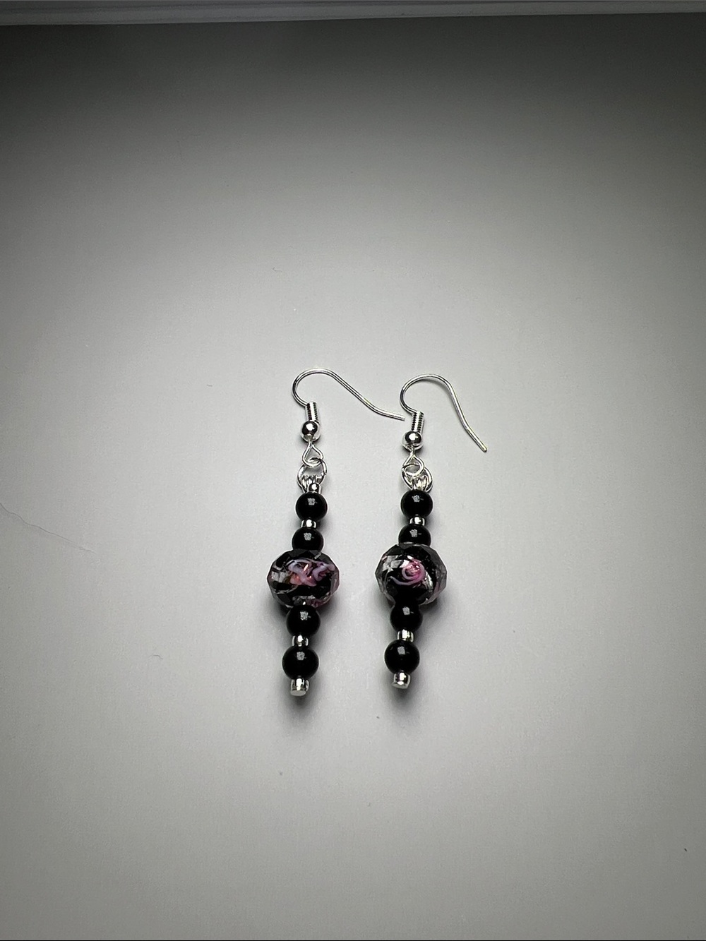 Hand Crafted Black and Pink Glass Drop Earrings